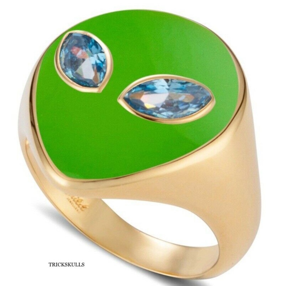 Gold Tone Stainless Green Enamel Space Alien w Blue Lab Sapphire Eyes Size 7 8 9
